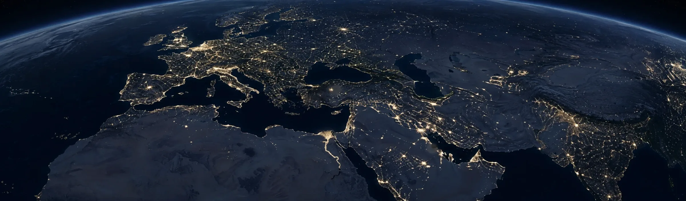 Night satellite view of Europe and the Middle East with MES Marine's Antalya and Dubai locations